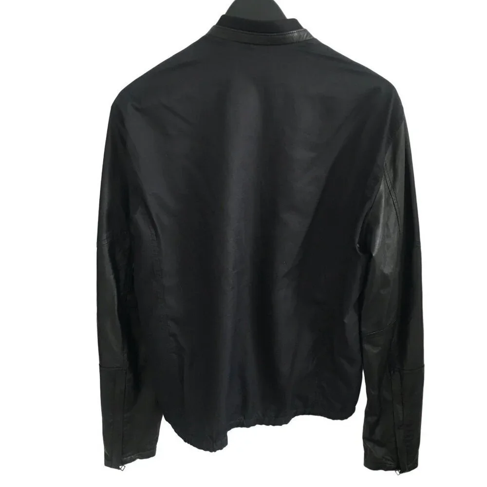 Mens Black Biker Jacket With Faux Leather Sleeves & Zip Closure Size M